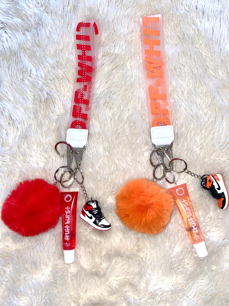 Off W keychain with lip gloss and mini shoe