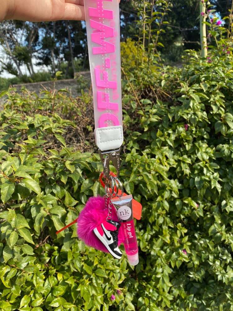 Off W keychain with lip gloss and mini shoe