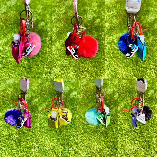 Off W x mini shoe keychains with hand sanitizer/lotion holder